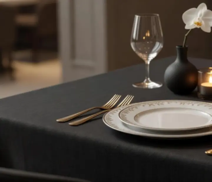 Détail d'une table de restaurant de luxe avec vaisselle raffinée et lumière tamisée