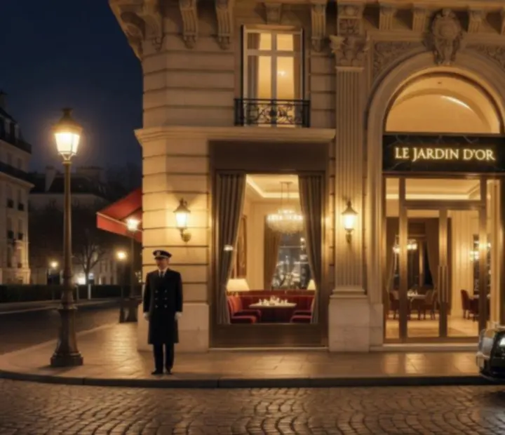 Façade nocturne du restaurant Plaza Nova Fr à Paris, éclairage élégant et ambiance feutrée.