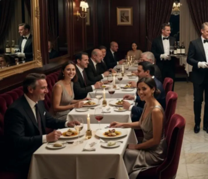 Montage cin&eacute;matique de plats gastronomiques, salle feutr&eacute;e et table de poker &eacute;l&eacute;gante.