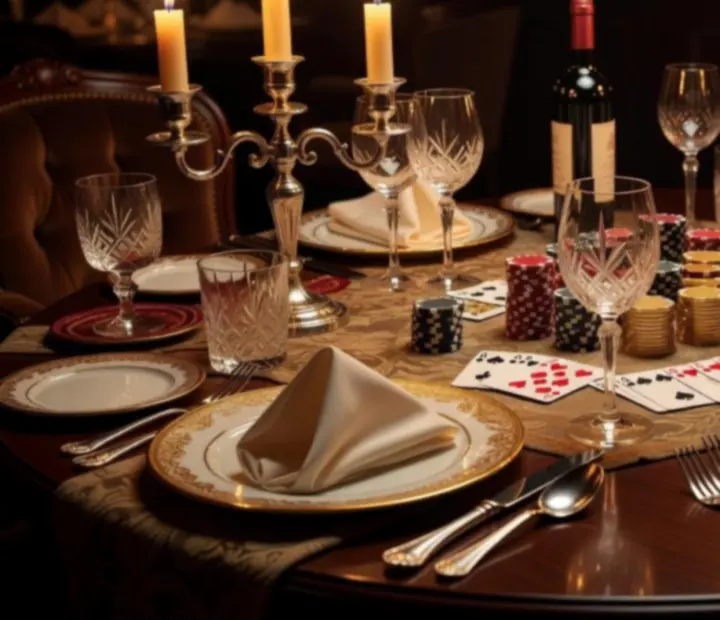 Table de poker gastronomique avec vaisselle raffinée, bougies et jetons de poker