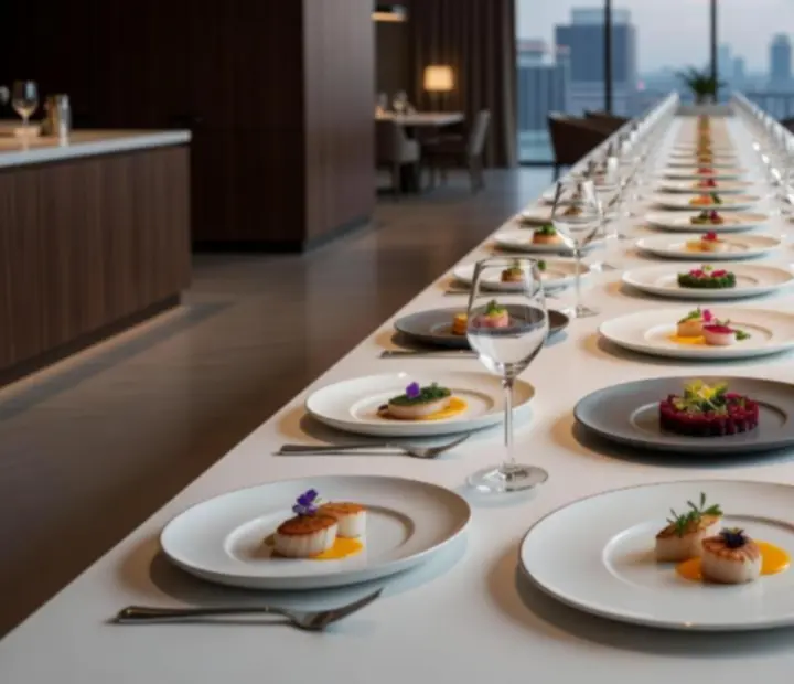 Menu dégustation gastronomique dressé sur une table élégante