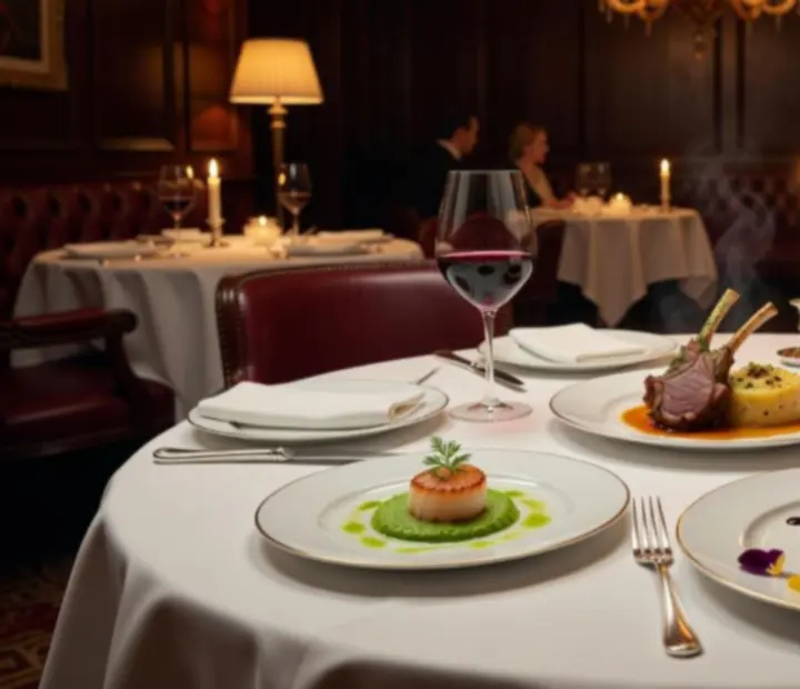 Assiette gastronomique contemporaine servie dans une lumière feutrée