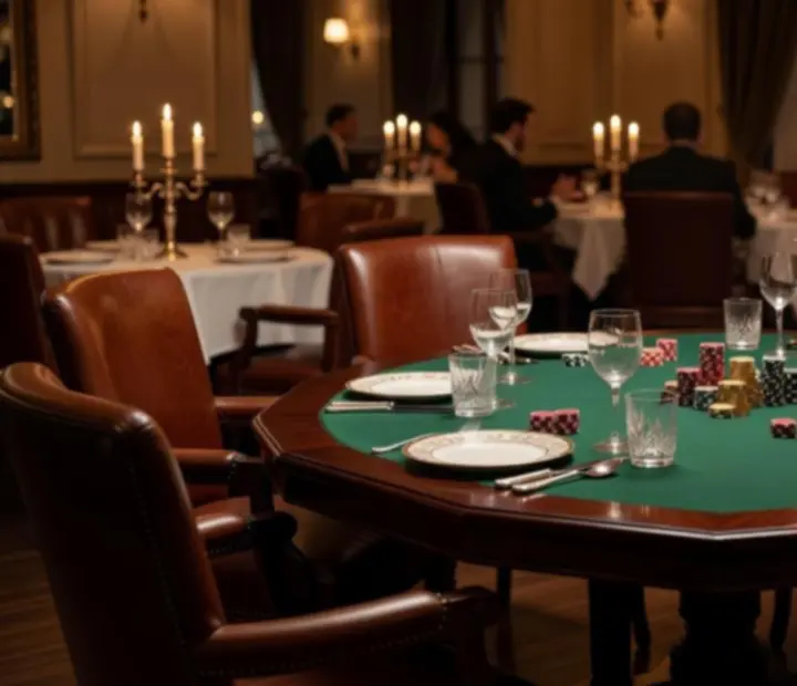 Table de poker élégante au sein d’un restaurant gastronomique, éclairée aux chandelles