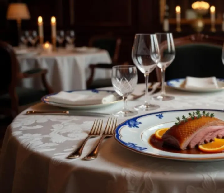 Plat signature présenté dans une ambiance cinématique, éclairage feutré et table élégante