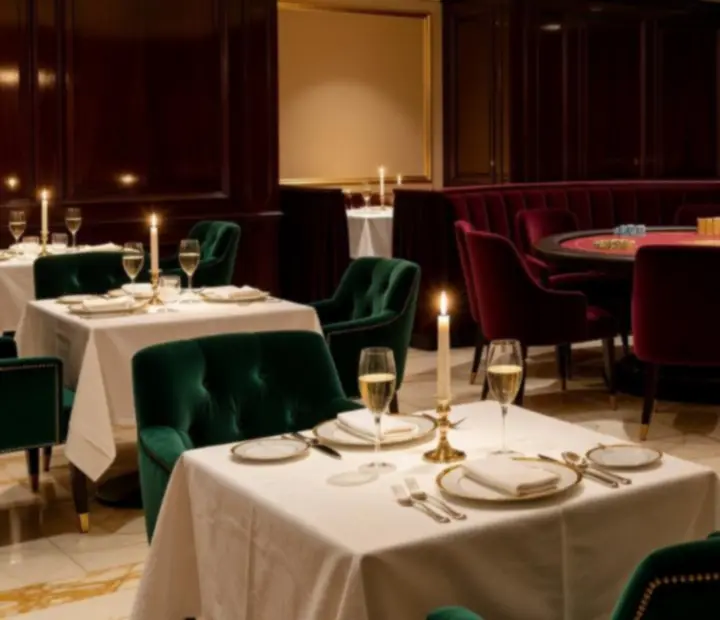 Ambiance cinématique d'un restaurant parisien élégant avec table de poker.