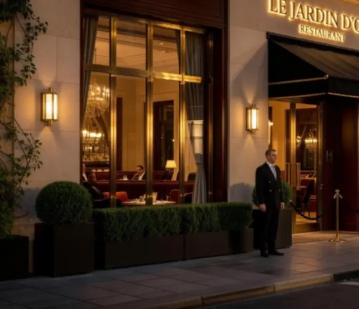 Façade du restaurant Plaza Nova Fr de nuit, éclairage chaleureux et entrée élégante