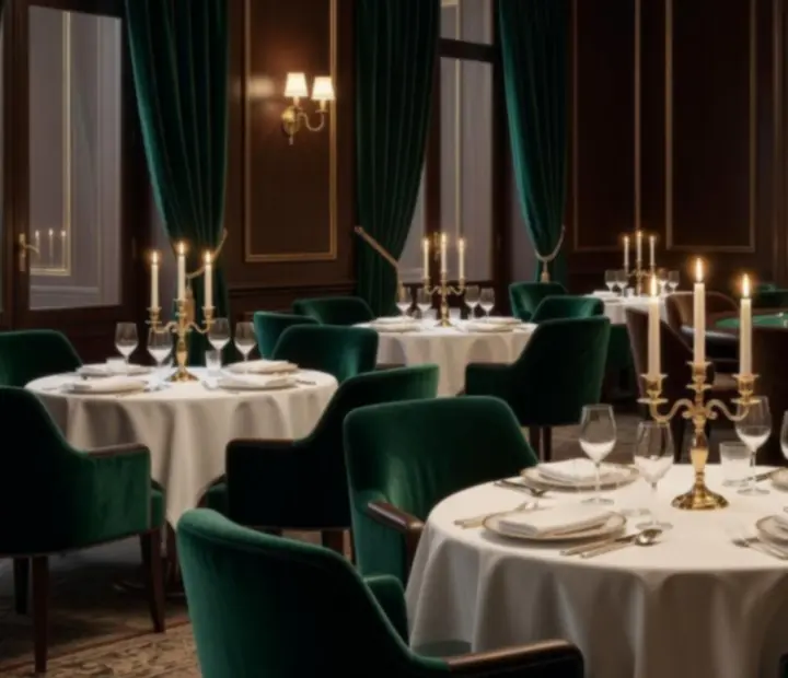 Salle de restaurant élégante du Plaza Nova Fr, éclairage feutré et tables dressées