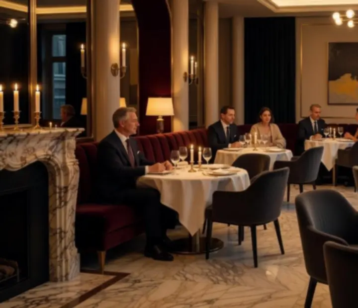 Salle de restaurant élégante avec tables dressées, chandelles et ambiance feutrée