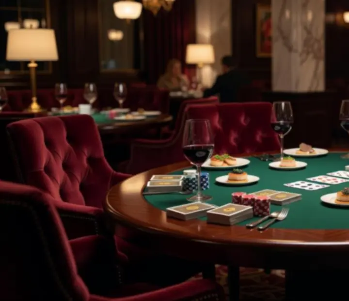 Table de poker élégante avec lumière tamisée et verres de vin, dans un espace VIP du restaurant.